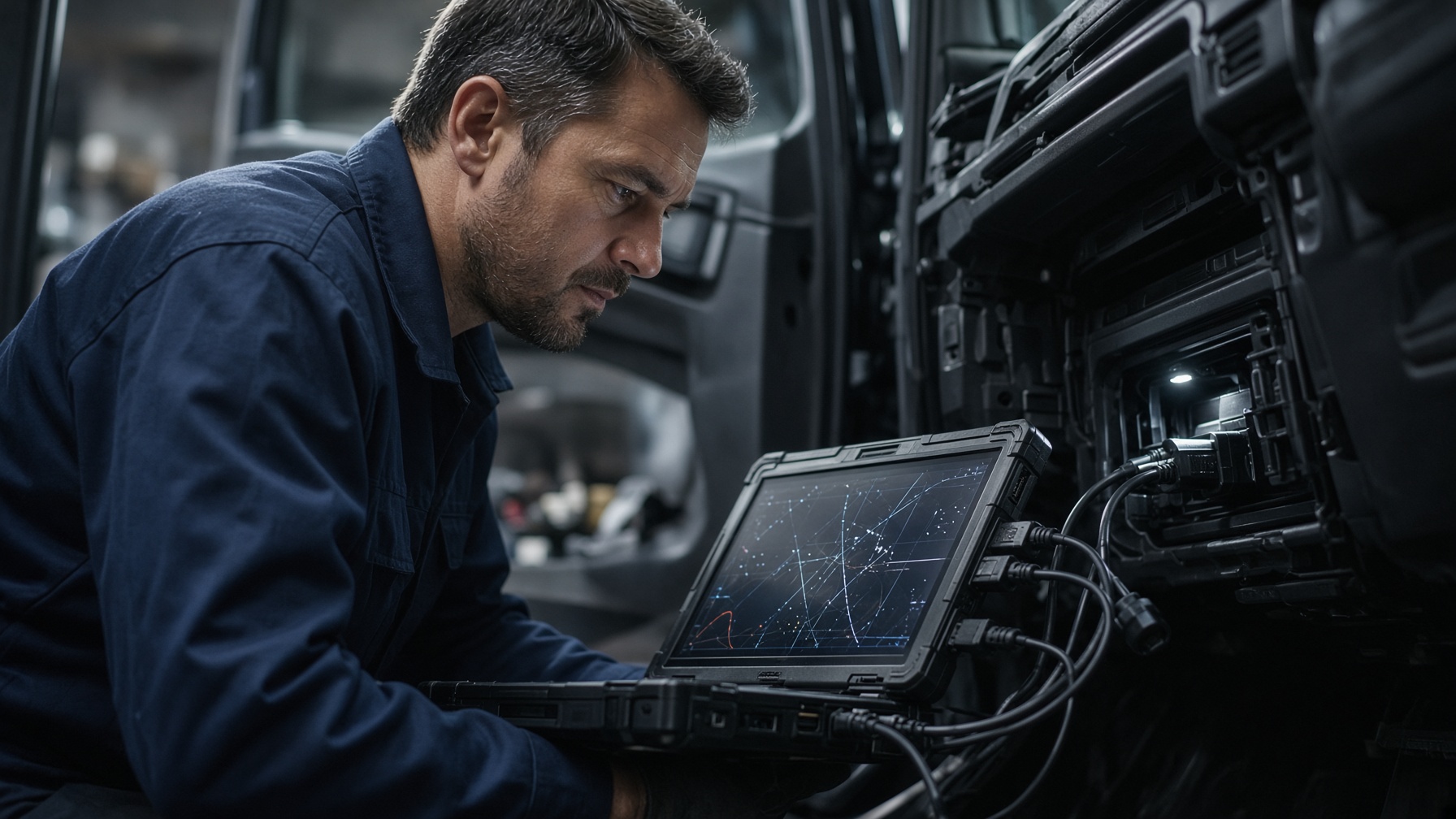 Diagnostician SOS Utilaje conectat la un camion în atelier