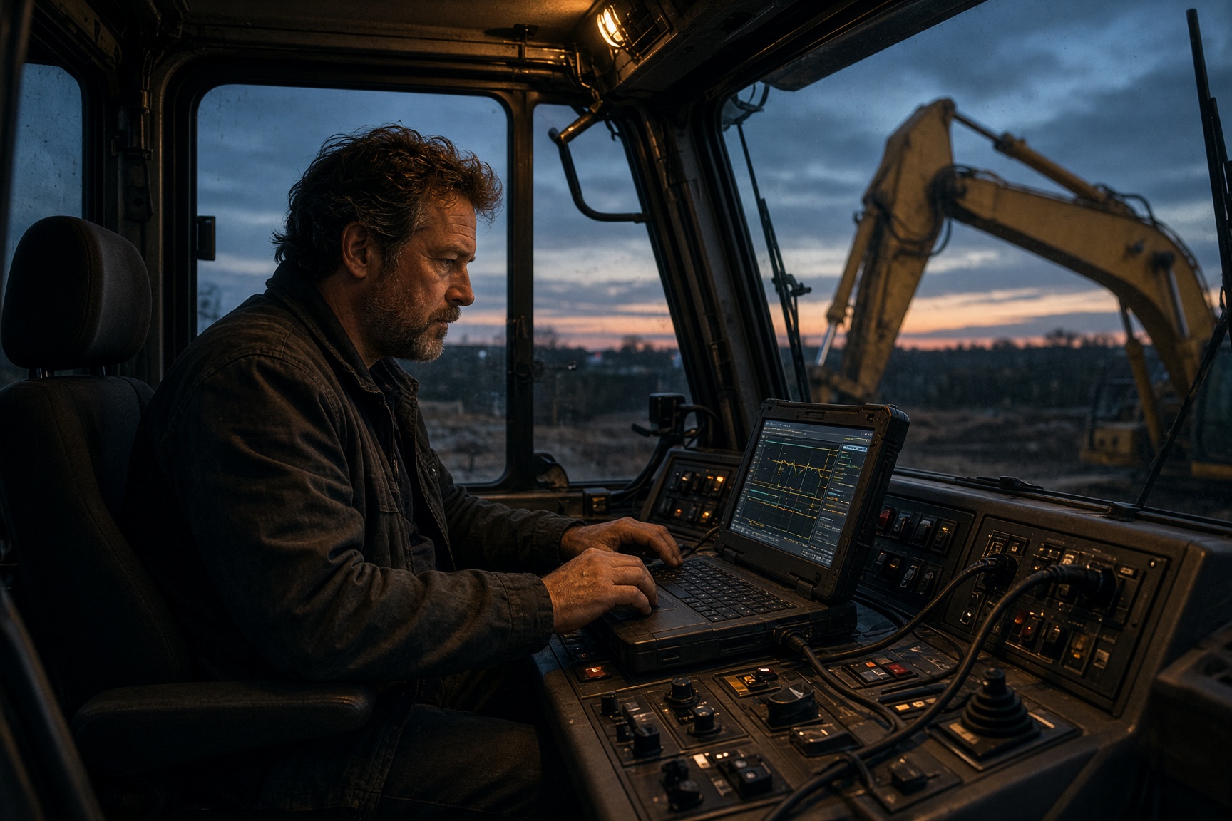 Diagnostician SOS Utilaje în cabina unui excavator de șantier